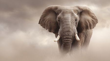A majestic elephant raises its trunk prominently while surrounded by soft mist, creating an emotional scene in the wild.の素材