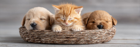 A fluffy orange kitten sits peacefully in a basket alongside two sleeping puppies, all bathed in gentle studio light, creating a serene atmosphere.の素材