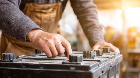 In a garage, a mechanic carefully replaces a car battery as warm winter light reflects off surfaces, illuminating the workspace.の素材