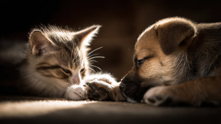 A kitten gently rests its head on a puppys paw, both animals basking in warm light, capturing a moment of emotional tenderness and connection.の素材