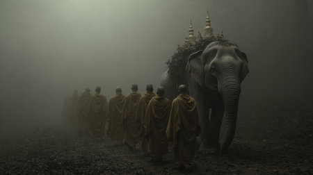 Monks clad in robes follow an elephant adorned with flora, moving quietly through a tranquil, foggy forest, evoking calm and spirituality.の素材