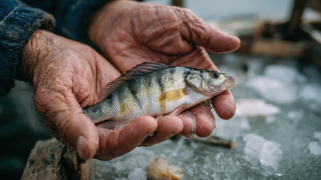 Fishermans hands showcase a small perch, reflecting the joy of ice fishing in a serene winter setting, showing the beauty of outdoor adventure.の素材