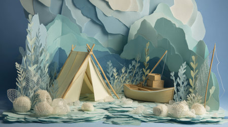 Frozen lake features a small tent and fishing gear set up, with a boat nearby surrounded by layered pastel blue and white paper elements.の素材