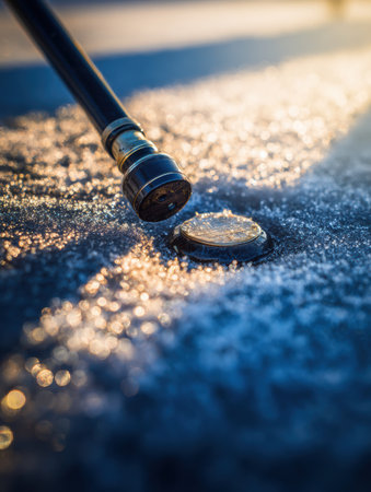 Fishing rod stands beside a drilled hole in the ice, surrounded by sparkling snow crystals on a cold winter morning.の素材