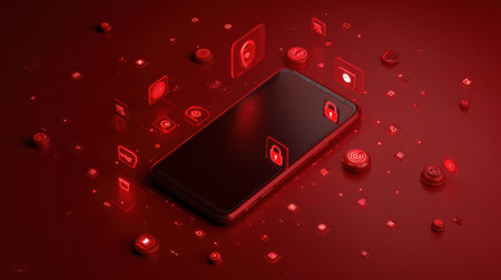 A smartphone sits on a dark surface with floating red alert and lock icons, highlighting digital danger awareness in a vivid display.の素材