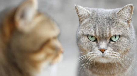 A gray cat looks suspiciously at another pet, showing signs of jealousy in a cozy indoor environment. The scene is lighthearted and amusing.の素材