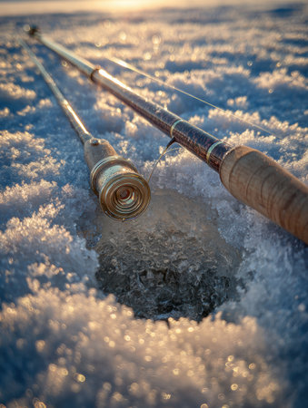 Fishing rod rests near a drilled ice hole, surrounded by sparkling snow crystals on a chilly winter morning, ready for angling.の素材