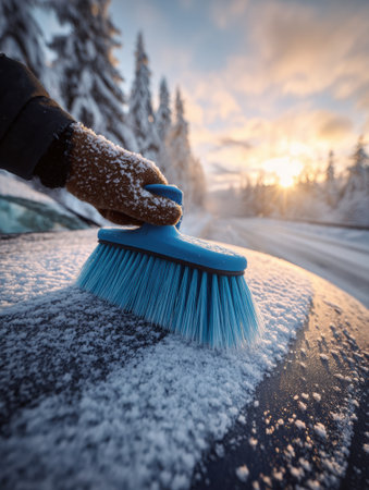 A person brushes snow off a car on a cold winter morning with trees covered in snow and sunlight breaking through the clouds.の素材