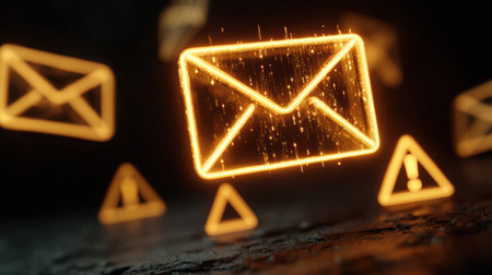 A glowing email symbol and warning signs illustrate a phishing attempt by hackers, highlighting online security threats in a dark setting.の素材