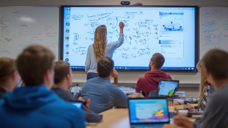 Teacher explains concepts on a digital whiteboard while students use laptops in a hybrid classroom, fostering interactive learning.の素材
