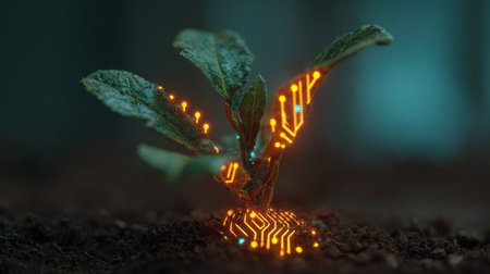 A small plant with vibrant leaves and glowing digital circuits for roots, symbolizing the fusion of nature and technology.の素材