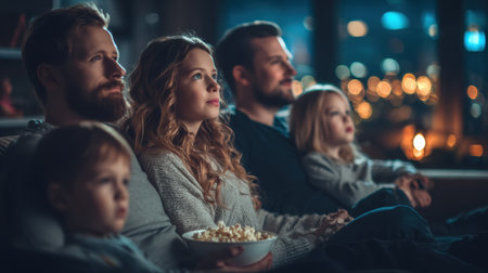 Family gathers on the sofa to watch a movie, enjoying quality time with popcorn and laughter in a warm living room setting.の素材