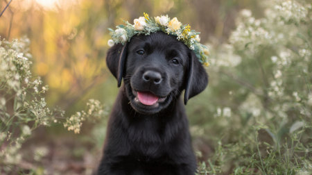 A joyful puppy with a flower crown smiles brightly in a lush garden filled with gentle light, surrounded by blooming flowers.の素材