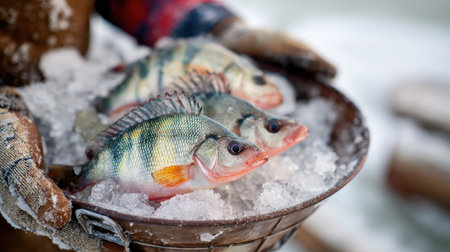 Close-up view of a fishermans hands presenting several small perch caught on ice, highlighting the excitement of winter fishing activity in nature.の素材