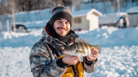 Fisherman wearing a winter jacket smiles while displaying a caught fish in a snowy outdoor setting, showcasing a successful catch.の素材