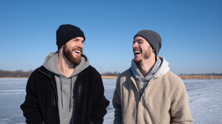 Two friends are ice fishing together, smiling and laughing on a sunny day with a bright blue sky above a frozen lake.の素材