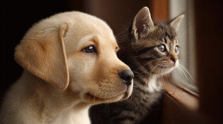 A puppy and kitten sit side by side at a window, gazing outside with wonder and curiosity, capturing a moment of hope and friendship.の素材