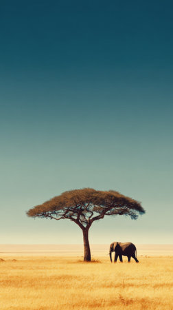 An elephant quietly eats grass while resting under a large acacia tree in the vast savanna, enjoying the tranquility of midday.の素材