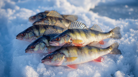 A small group of perch fish rests on white ice, freshly caught, showing their vibrant colors under natural winter light.の素材