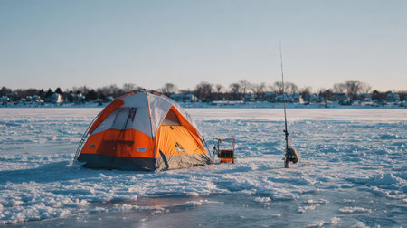Tent and fishing auger stand on a frozen lake under a clear blue sky, showcasing a simple outdoor fishing setup in winter.の素材