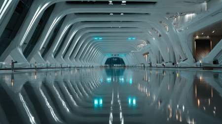 This transport hub features sleek architecture, reflective surfaces, and ambient lighting, creating a stunning futuristic environment.の素材