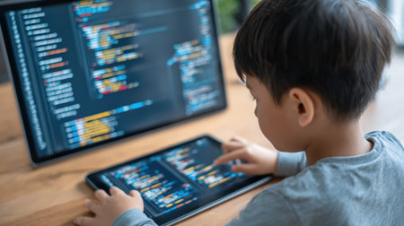 A young child focuses on coding tasks on a tablet, exploring modern educational methods in a bright, home setting.の素材