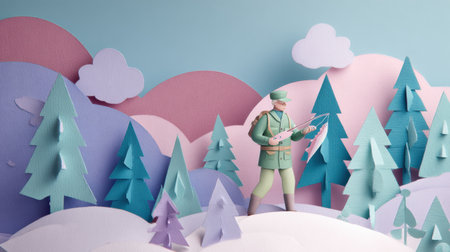 A man holds a fish in a snowy landscape surrounded by colorful trees and gentle hills in this unique paper art scene.の素材