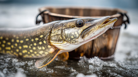 A fish rests on ice beside a wooden bucket, capturing the essence of winter fishing in a quiet, chilly environment.の素材
