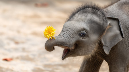 A young elephant calf is happily grasping a yellow flower with its trunk, showcasing playful innocence in a natural setting.の素材