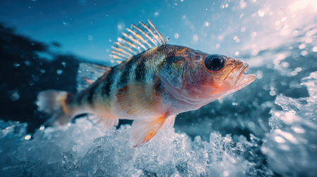 Bright winter light highlights a perch caught and lying on the ice near a fishing hole, featuring striking frost textures in a minimalist scene.の素材