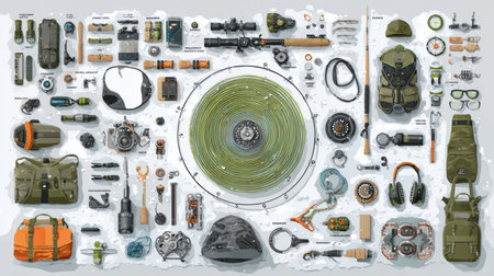 Various fishing tools and accessories are displayed on a snowy surface, presenting a vibrant and organized look for winter activities.の素材