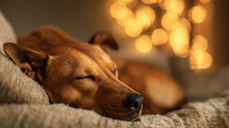 A calm dog rests comfortably on the couch, surrounded by soft textures and warm, glowing lights that enhance the peaceful mood.の素材