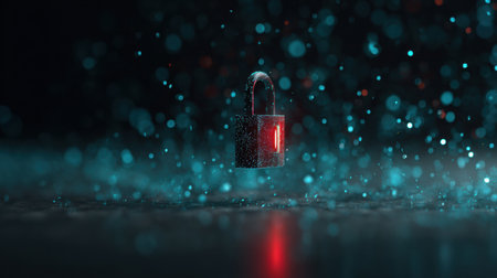 A glowing digital padlock hovers in a colorful cyberspace environment, representing online security and the importance of data encryption.の素材