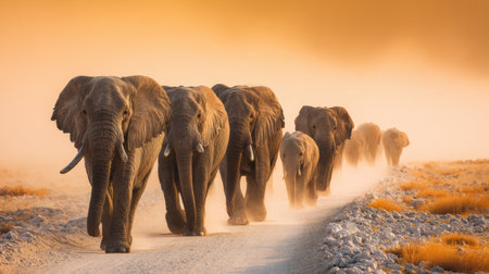 A herd of elephants walks along a dusty road, surrounded by warm light during a safari scene in the wild, capturing a moment of nature.の素材