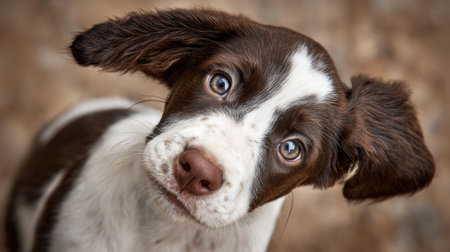Puppy tilts its head with curiosity against a warm background, capturing its playful spirit and charm in a cozy home environment.の素材