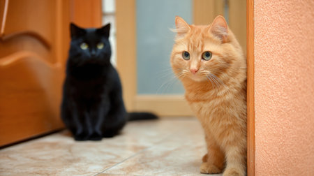 Orange cat looks enviously at black pet, creating a humorous moment in a comfortable and familiar home space during a peaceful afternoon.の素材