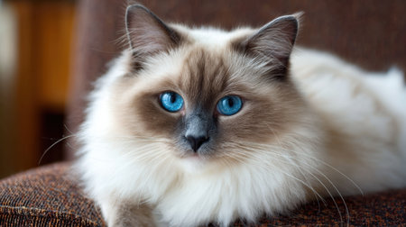 A beautiful ragdoll cat with striking blue eyes enjoys a warm spot in the sunlight, creating a relaxing atmosphere.の素材