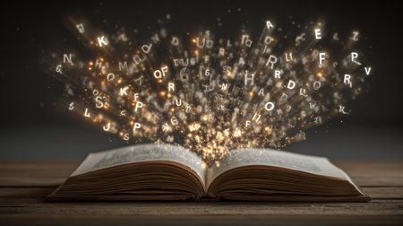 Open book spreads light rays as letters float around, creating a magical experience of learning and imagination in a dimly lit room.の素材