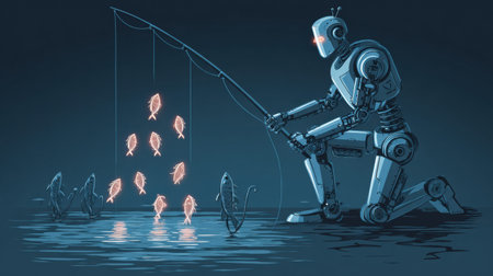 A cybernetic fisherman with a robotic arm skillfully catches glowing fish through a digital ice hole surrounded by bright neon lights.の素材