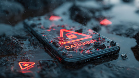 A smartphone lies on a wet surface, featuring floating red icons that signal alerts and danger, highlighting digital security awareness.の素材