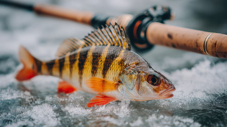 A fresh-caught perch rests on icy ground beside a fishing rod, showcasing a winter fishing adventure in a serene landscape.の素材