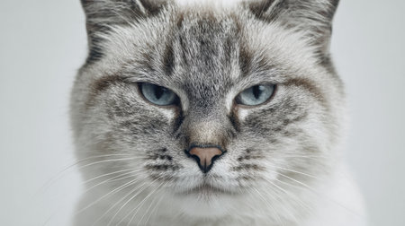 A cat sits with a grumpy expression, its face displaying clear annoyance, against a soft light neutral backdrop.の素材