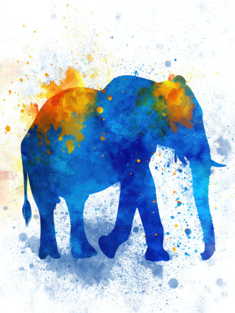 A colorful elephant silhouette stands against a watercolor brush texture background, blending creativity and wildlife in an artistic display.の素材