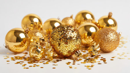 Golden ornaments and confetti arranged for New Year 2026 celebration, symbolizing happiness and abundance in the coming year.の素材