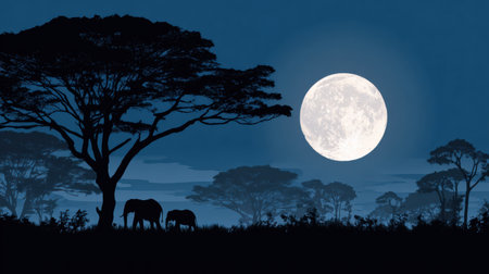 Elephants wander beneath tall trees as a full moon illuminates the night sky, creating a tranquil and poetic atmosphere.の素材