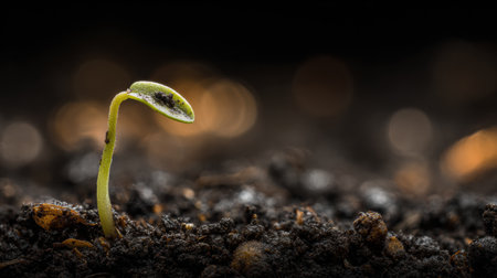 A small green seedling emerges from dark, nutrient-rich soil with detailed texture, illuminated by gentle bokeh lights in the background.の素材