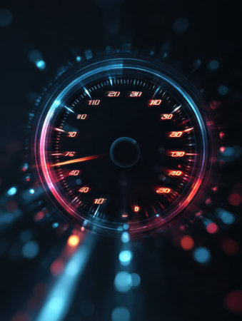 Abstract speedometer features blurred lines and vibrant colors, conveying a sense of motion and dynamism in a contemporary design.の素材
