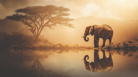 An elephant enjoys drinking water in a serene setting, with its reflection visible in the calm surface under golden light.の素材