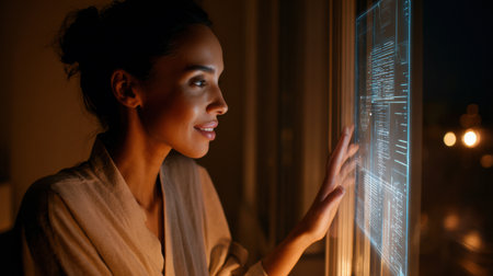 A woman engages with an AI assistant displayed on a holographic screen at home, illuminated by warm evening light, showcasing modern technology.の素材