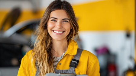 A smiling female driver stands in a vibrant workshop, happily receiving her car after service, showing a positive experience in vehicle care.の素材
